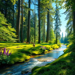 A serene landscape depicting a lush, vibrant forest with tall, towering trees stretching into a bright blue sky