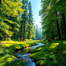 A serene landscape depicting a lush, vibrant forest with tall, towering trees stretching into a bright blue sky