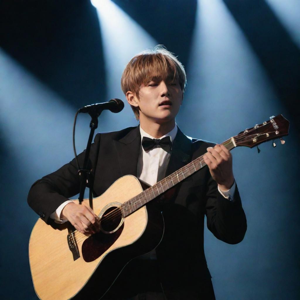 Kim Taehyung, the skilled guitarist, passionately playing an acoustic guitar under a spotlight on a stage