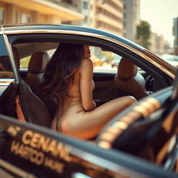 A captivating scene featuring a beautiful woman sitting inside a luxurious car, bending over playfully