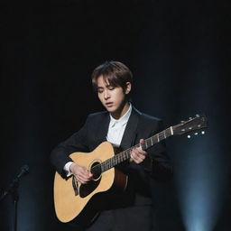 Kim Taehyung, the skilled guitarist, passionately playing an acoustic guitar under a spotlight on a stage