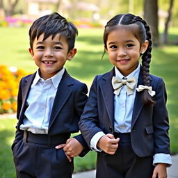 A charming scene featuring a boy and a girl, both around 8 years old, wearing matching suits