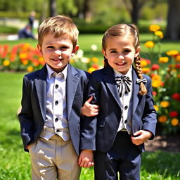 A charming scene featuring a boy and a girl, both around 8 years old, wearing matching suits