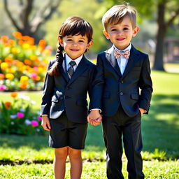 A charming scene featuring a boy and a girl, both around 8 years old, wearing matching suits