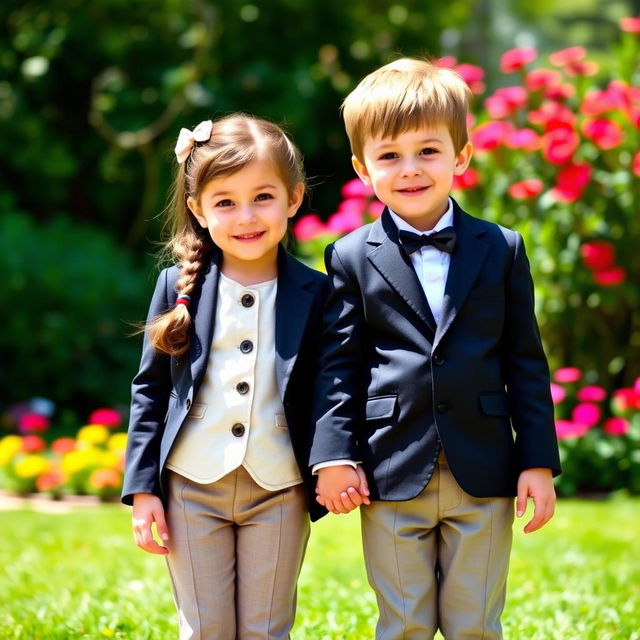 A charming scene featuring a boy and a girl, both around 8 years old, wearing matching suits