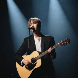 Kim Taehyung, the skilled guitarist, passionately playing an acoustic guitar under a spotlight on a stage