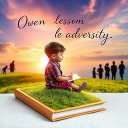 A captivating book cover featuring a child sitting alone on a grassy hill, deep in thought