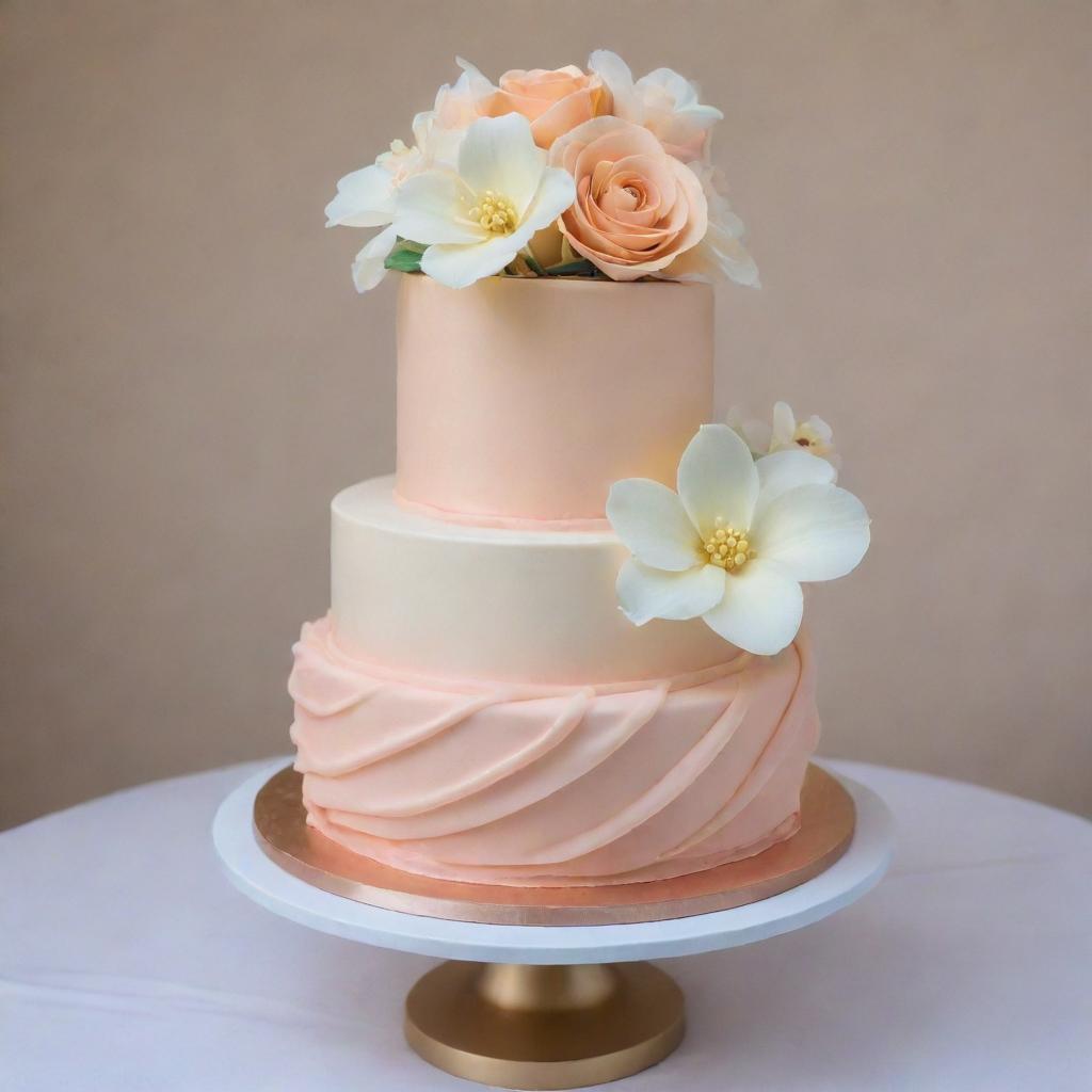 A 9-inch wide, 6-inch tall two layer round wedding cake draped in an edible silk sheet in peach color. It's elegantly decorated with three variations of white chocolate flowers on the top.