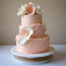 A 9-inch wide, 6-inch tall two layer round wedding cake draped in an edible silk sheet in peach color. It's elegantly decorated with three variations of white chocolate flowers on the top.