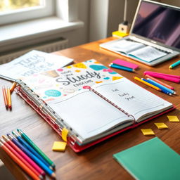 A stylish and trendy school binder on a wooden desk, surrounded by colorful stationery like pens and sticky notes