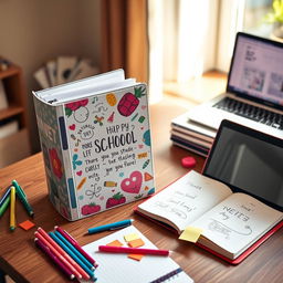 A stylish and trendy school binder on a wooden desk, surrounded by colorful stationery like pens and sticky notes