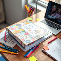 A stylish and trendy school binder on a wooden desk, surrounded by colorful stationery like pens and sticky notes