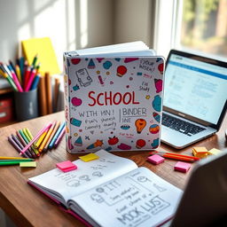 A stylish and trendy school binder on a wooden desk, surrounded by colorful stationery like pens and sticky notes