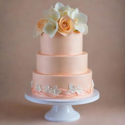 A 9-inch wide, 6-inch tall two layer round wedding cake draped in an edible silk sheet in peach color. It's elegantly decorated with three variations of white chocolate flowers on the top.