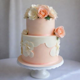 A 9-inch wide, 6-inch tall two layer round wedding cake draped in an edible silk sheet in peach color. It's elegantly decorated with three variations of white chocolate flowers on the top.