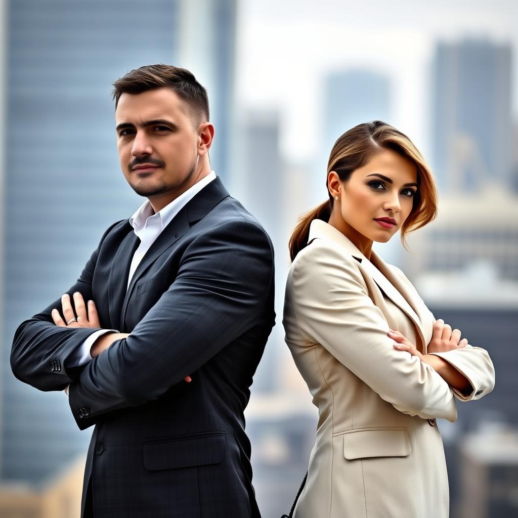 A striking image of a man and woman dressed in stylish suits, standing back to back with their arms folded