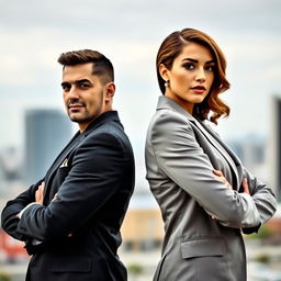 A striking image of a man and woman dressed in stylish suits, standing back to back with their arms folded