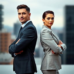 A striking image of a man and woman dressed in stylish suits, standing back to back with their arms folded