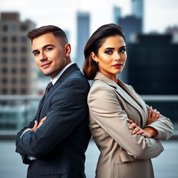 A striking image of a man and woman dressed in stylish suits, standing back to back with their arms folded