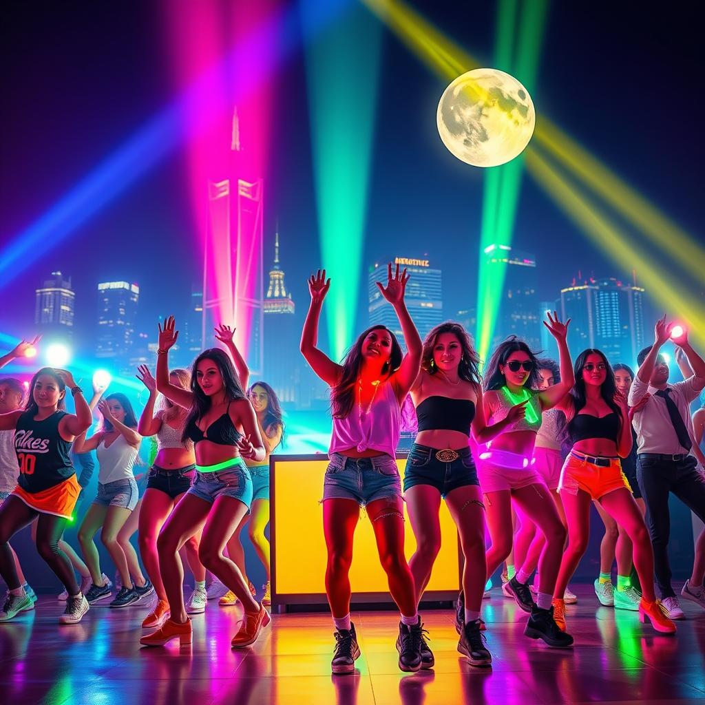 A high-energy music video showcasing a vibrant dance party in a neon-lit urban setting