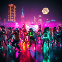 A high-energy music video showcasing a vibrant dance party in a neon-lit urban setting