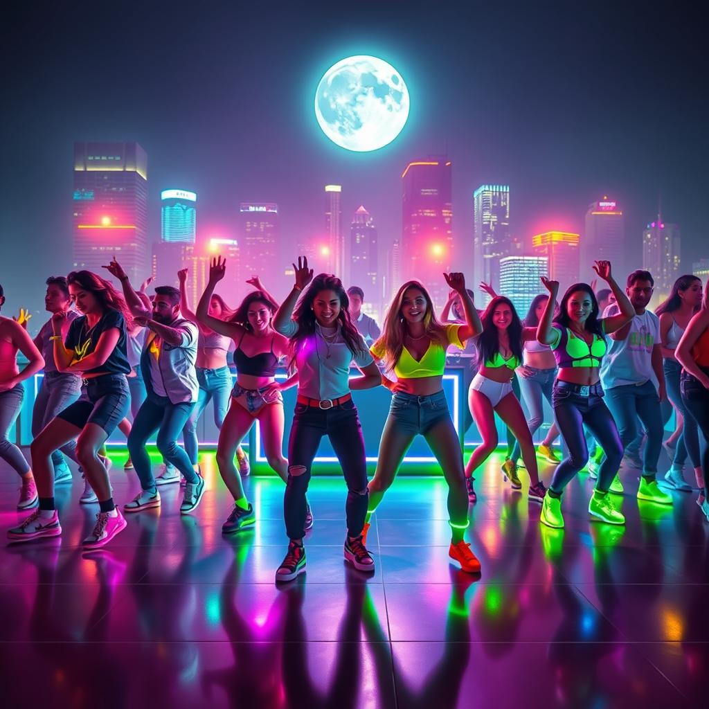 A high-energy music video showcasing a vibrant dance party in a neon-lit urban setting