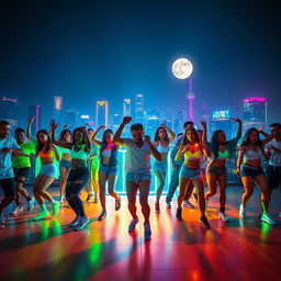 A high-energy music video showcasing a vibrant dance party in a neon-lit urban setting