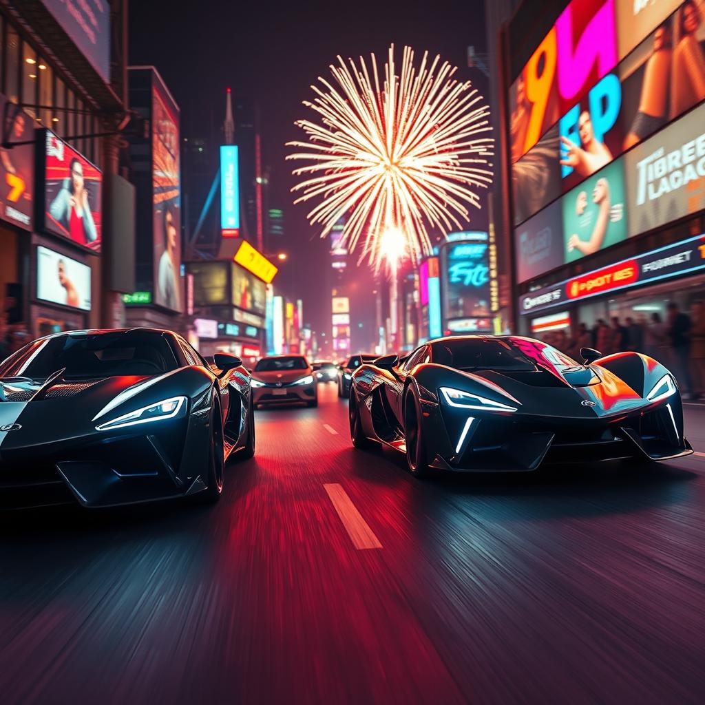 A high-energy, captivating scene from an action-packed video, featuring sleek futuristic cars racing through a neon-lit city at night