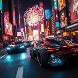 A high-energy, captivating scene from an action-packed video, featuring sleek futuristic cars racing through a neon-lit city at night