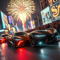 A high-energy, captivating scene from an action-packed video, featuring sleek futuristic cars racing through a neon-lit city at night