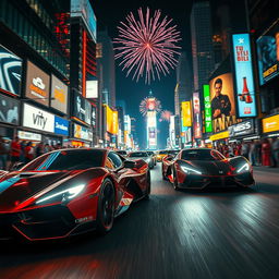 A high-energy, captivating scene from an action-packed video, featuring sleek futuristic cars racing through a neon-lit city at night