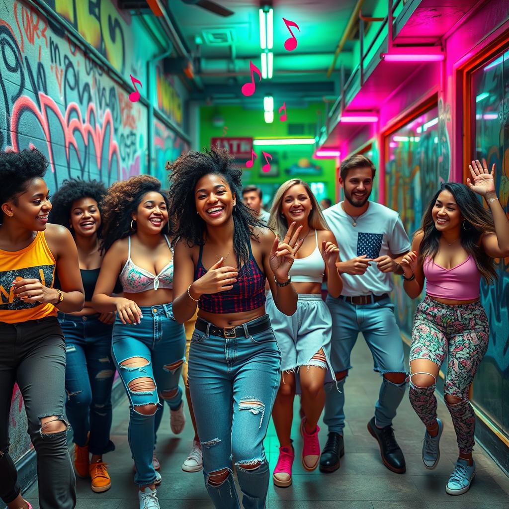 A vibrant and energetic scene depicting a diverse group of young adults dancing and having fun in a colorful urban setting reminiscent of TikTok trends