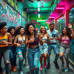 A vibrant and energetic scene depicting a diverse group of young adults dancing and having fun in a colorful urban setting reminiscent of TikTok trends