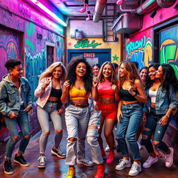 A vibrant and energetic scene depicting a diverse group of young adults dancing and having fun in a colorful urban setting reminiscent of TikTok trends