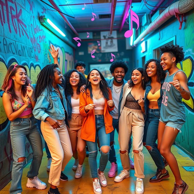 A vibrant and energetic scene depicting a diverse group of young adults dancing and having fun in a colorful urban setting reminiscent of TikTok trends