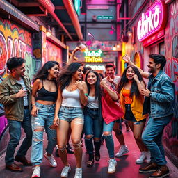 A vibrant and energetic scene depicting a diverse group of young adults dancing and having fun in a colorful urban setting reminiscent of TikTok trends