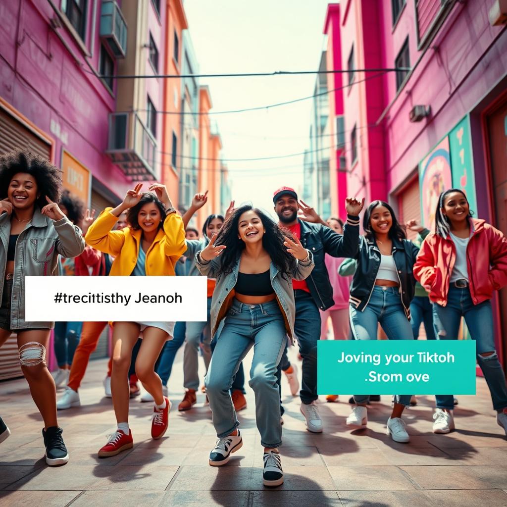 A dynamic and engaging TikTok video featuring a vibrant dance routine set in a colorful urban backdrop with people of diverse ethnicities showcased in stylish streetwear