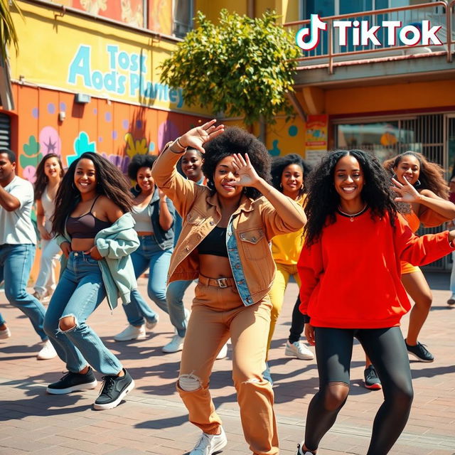 A dynamic and engaging TikTok video featuring a vibrant dance routine set in a colorful urban backdrop with people of diverse ethnicities showcased in stylish streetwear