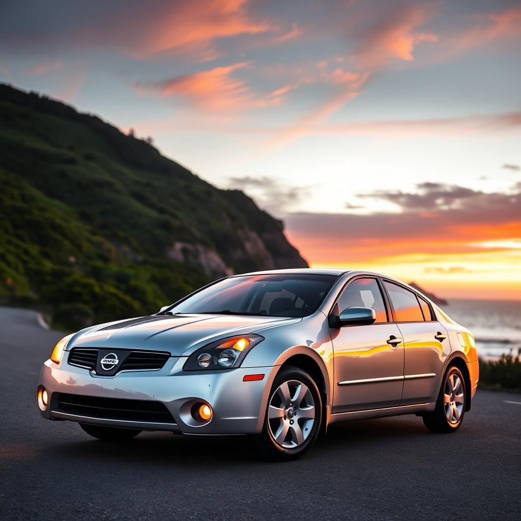 A sleek, silver 2005 Nissan Primera parked on a picturesque coastal road during sunset