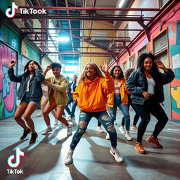 A dynamic and engaging TikTok video featuring a vibrant dance routine set in a colorful urban backdrop with people of diverse ethnicities showcased in stylish streetwear