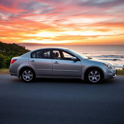 A sleek, silver 2005 Nissan Primera parked on a picturesque coastal road during sunset