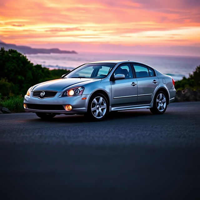 A sleek, silver 2005 Nissan Primera parked on a picturesque coastal road during sunset