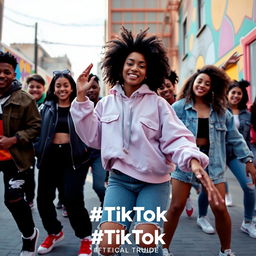 A dynamic and engaging TikTok video featuring a vibrant dance routine set in a colorful urban backdrop with people of diverse ethnicities showcased in stylish streetwear