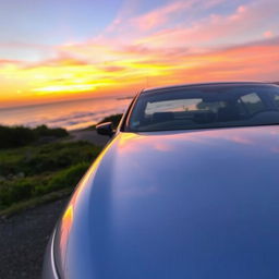 A sleek, silver 2005 Nissan Primera parked on a picturesque coastal road during sunset