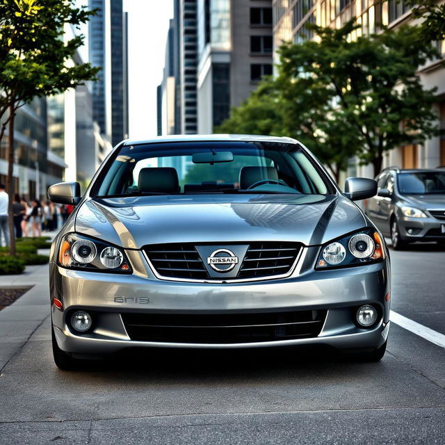 A stylish grey 2003 Nissan Primera parked in an urban environment, surrounded by modern architecture