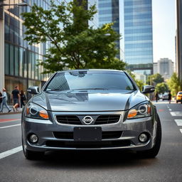 A stylish grey 2003 Nissan Primera parked in an urban environment, surrounded by modern architecture