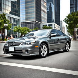 A stylish grey 2003 Nissan Primera parked in an urban environment, surrounded by modern architecture