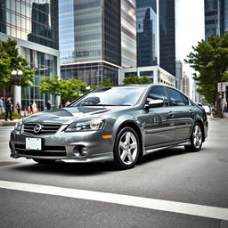 A stylish grey 2003 Nissan Primera parked in an urban environment, surrounded by modern architecture