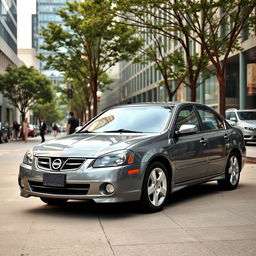 A stylish grey 2003 Nissan Primera parked in an urban environment, surrounded by modern architecture