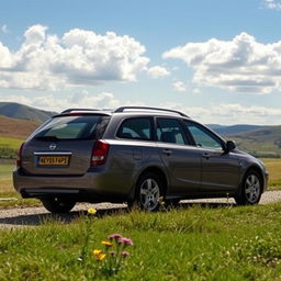 A sleek grey 2003 Nissan Primera wagon parked in a scenic countryside setting, showcasing its spacious and stylish design